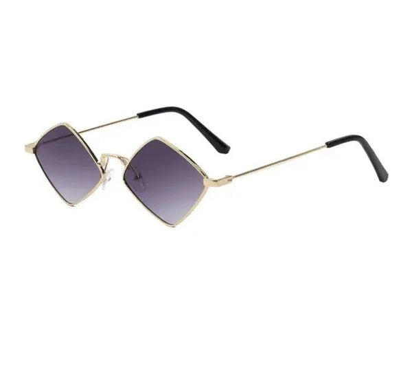 Polygoon dameszonnebril met onregelmatig vintage ontwerp, kleine ruitvormige glazen, retro stijl, zwart montuur, hipster modeaccessoire.