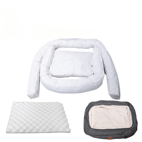 Wit ergonomisch hondenbed met orthopedisch schuim, afneembare hoes en grijze buitenkant. Comfortabel en ondersteunend voor huisdieren.