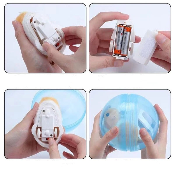 Vier afbeeldingen tonen een interactieve hamster in een bal. Batterijplaatsing en montage worden gedemonstreerd. Speelgoed, interactief, kinderen, hamsterbal.