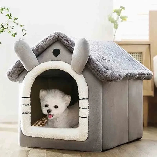 Grijze pluche hondenhuis met afneembaar kussen, geschikt voor kleine honden en katten, binnengebruik, comfortabel en stijlvol huisdierbed.