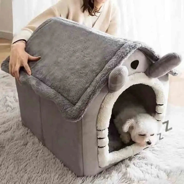Grijze hondenhut met zacht kussen, geschikt voor kleine honden en katten, indoor gebruik, comfortabel en warm, ideaal huisdierbed.