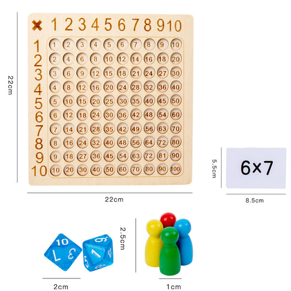 Houten Montessori vermenigvuldigingsbordspel voor kinderen, educatief speelgoed, inclusief dobbelstenen en pionnen, bevordert wiskundig denken.