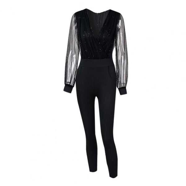 Zwarte jumpsuit met doorschijnende mouwen en V-hals, elegant ontwerp voor dames. Perfect voor avondkleding en speciale gelegenheden.