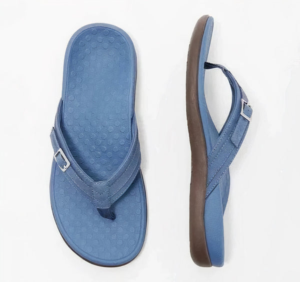 Blauwe leren teenslippers met gesp, comfortabele zool en stijlvol design. Perfect voor zomerse dagen. Unisex sandalen, casual strandmode.