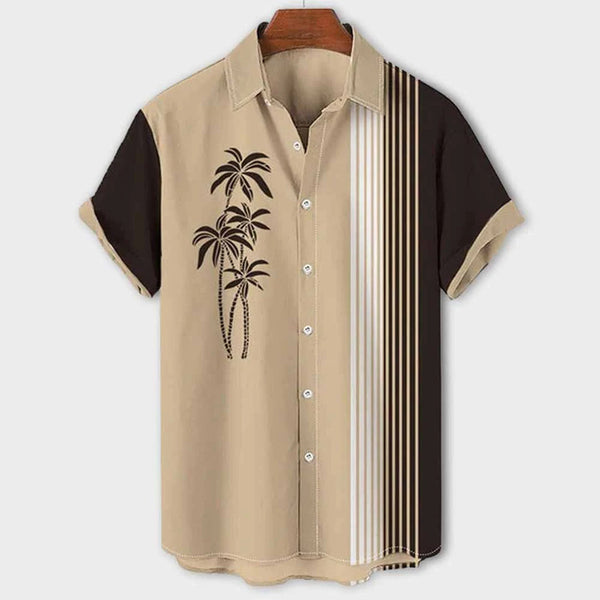 Khaki herenoverhemd met korte mouwen, palmboomprint en verticale strepen. Casual zomermode, ideaal voor strand- of vakantieoutfits.