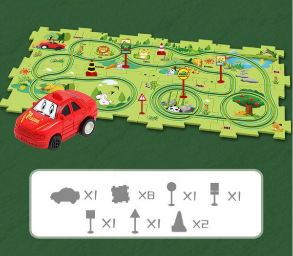 Rode speelgoedauto op groene puzzelmat met wegen en dieren, inclusief verkeersborden en accessoires. Educatief speelgoed voor kinderen.