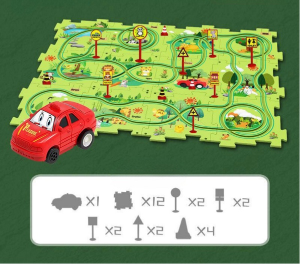 Rode speelgoedauto op groene puzzelmat met wegen en verkeersborden, educatief speelgoed voor kinderen, inclusief 25 stuks, ideaal voor leren en spelen.
