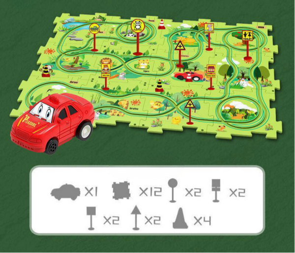 Speelgoed racebaan puzzel met rode speelgoedauto en verkeersborden. Educatief kinderspeelgoed, ideaal voor leren over verkeer en wegen.