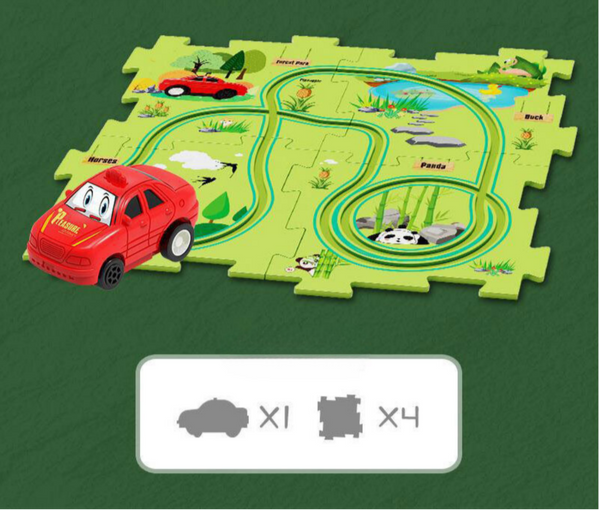 Rode speelgoedauto op groene puzzelmat met wegen en dieren, inclusief panda's en eenden. Educatief speelgoed voor kinderen, 5-delige set.