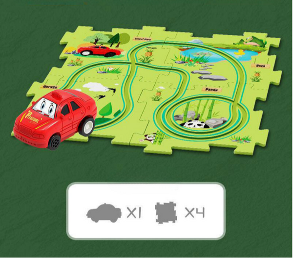 Rode speelgoedauto op groene puzzelmat met dierentuinmotief, inclusief panda en rivier. Educatief speelgoed voor kinderen, 5-delige set.