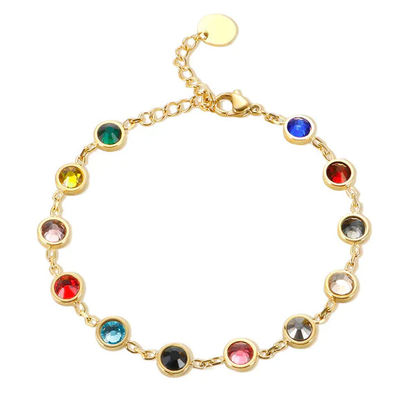 Gouden armband met kleurrijke edelstenen, verstelbare sluiting, modieuze sieradenaccessoire, perfect voor elke gelegenheid, cadeau-idee.