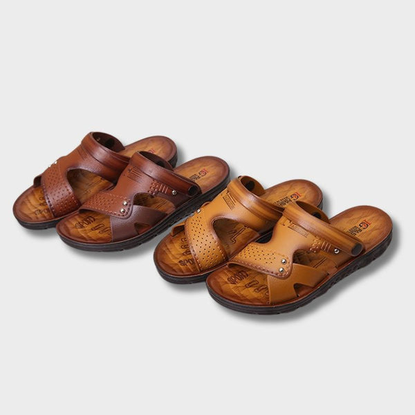Bruine en camel leren zomersandalen voor heren, Made Gents, met perforaties en comfortabele zool, nu met 50% korting. Perfect voor casual zomeroutfits.