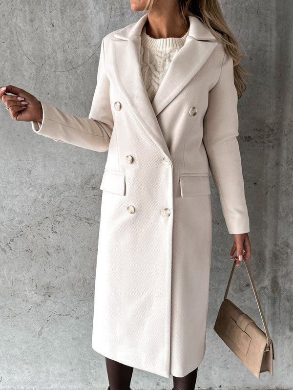 Eenvoudige lange wollen jas met dubbele rij knopen, herfst-winter 2022, damesmode, elegante stijl, beige kleur, lange mouwen.