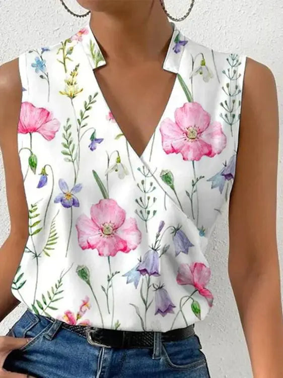 Vrouw draagt witte mouwloze blouse met V-hals en kleurrijke bloemenprint, zomer 2023 mode, casual stijl, perfect voor warme dagen.