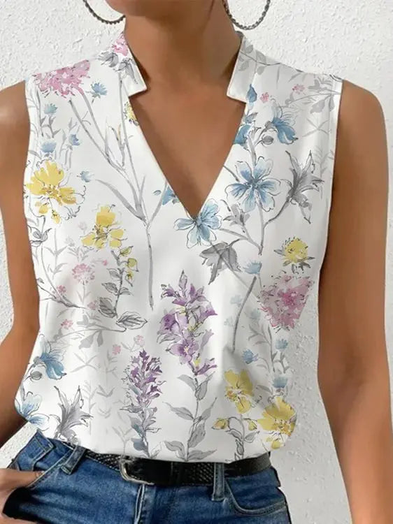 Vrouw draagt witte mouwloze blouse met bloemenprint en V-hals, gecombineerd met blauwe jeans. Zomer casual mode 2023, trendy dameskleding.