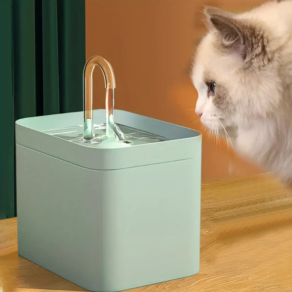 Mintgroene kattenwaterfontein met stromend water, nieuwsgierige kat, modern design, huisdieraccessoire, hydratatie voor katten, interieurdecoratie.