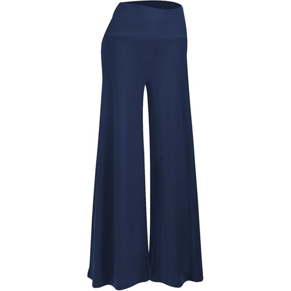 Donkerblauwe wijde broek voor dames, hoge taille, comfortabele pasvorm, modieuze palazzostijl, perfect voor casual en formele gelegenheden.