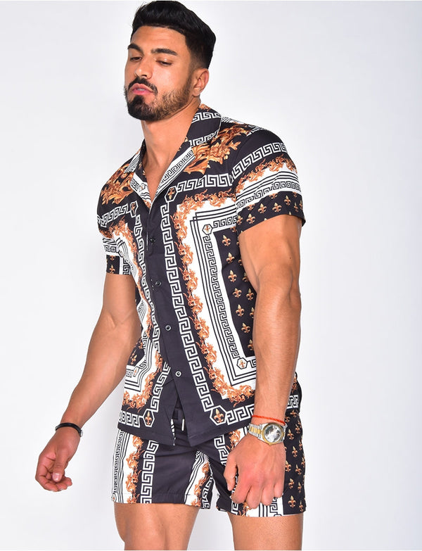 Man in modieuze, kleurrijke zomeroutfit met geometrisch patroon, korte mouwen en korte broek. Trendy herenkleding, casual stijl, zomerlook.