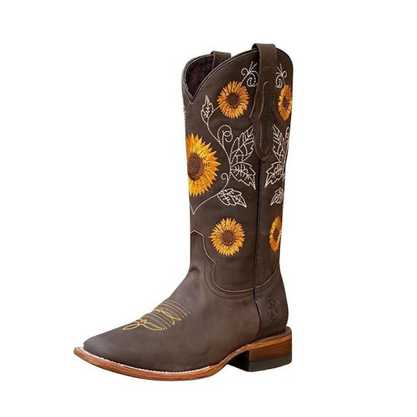 Bruine dames cowboylaars met zonnebloem borduurwerk, PU-leer, diepe V-hals, westerse stijl. Perfect voor modieuze en comfortabele outfits.