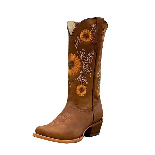 Bruine dames cowboylaarzen met zonnebloem borduurwerk, PU-leer, westerse stijl, diepe V-hals, hoge hak. Perfect voor modieuze outdoor looks.