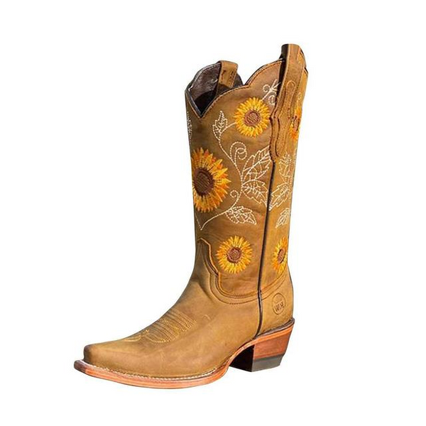 Bruine dames cowboylaarzen met zonnebloem borduurwerk, PU-leer, diepe V-hals, westerse stijl. Perfect voor modieuze herfstoutfits.