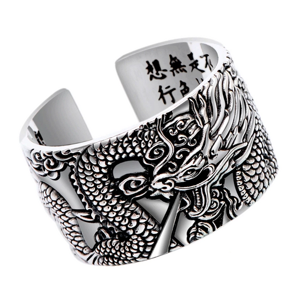 Zilveren ring met gedetailleerd drakenontwerp en Chinese karakters, unisex sieraden, verstelbare maat, ideaal voor drakenliefhebbers en modeaccessoires.