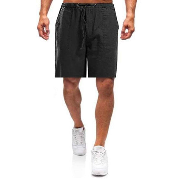 Zwarte katoenen herenshorts, casual en comfortabel, ideaal voor zomer, strand, fitness en basketbal. Losse pasvorm met trekkoord.