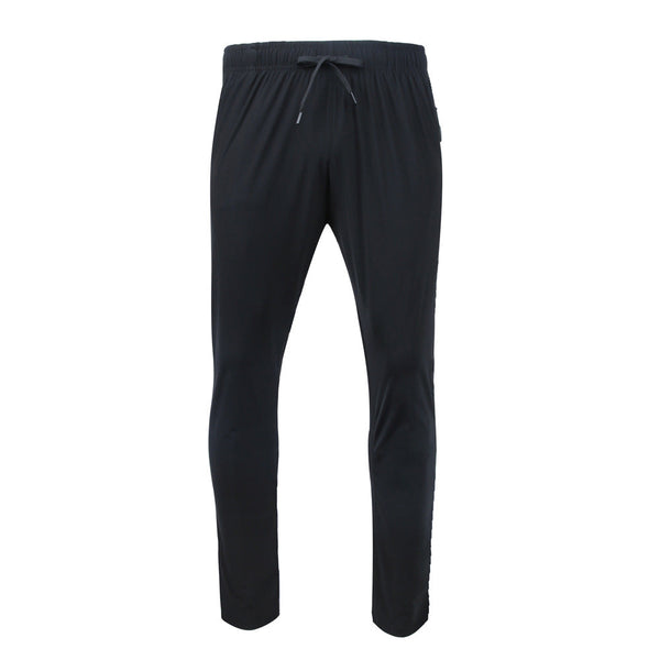 Zwarte sportbroek voor heren met elastische tailleband en trekkoord, ideaal voor fitness en hardlopen. Comfortabele en ademende stof.