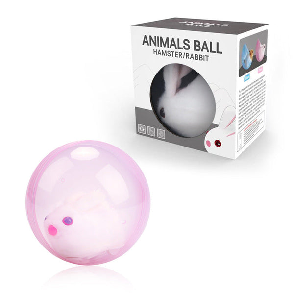 Roze dierenbal met wit konijnspeeltje, verpakt in doos met tekst "Animals Ball Hamster/Rabbit". Geschikt voor huisdieren, speelgoed, cadeau.