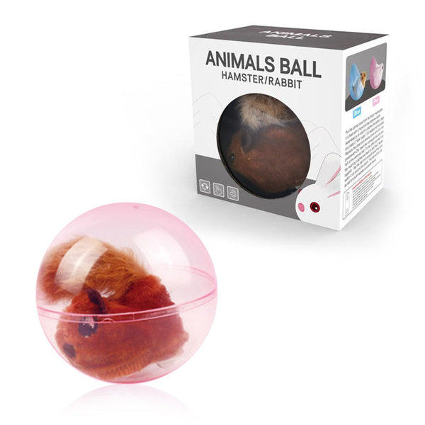 Roze transparante bal met pluchen hamster speelgoed, verpakt in doos met tekst "Animals Ball Hamster/Rabbit". Geschikt voor huisdieren.