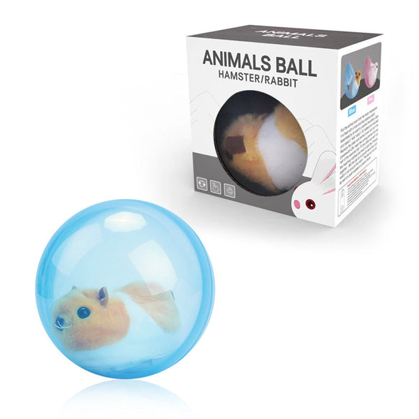 Blauwe hamsterbal met pluche hamster, speelgoed voor huisdieren. Inclusief doos met afbeeldingen van hamster en konijn. Geschikt voor hamsters en konijnen.