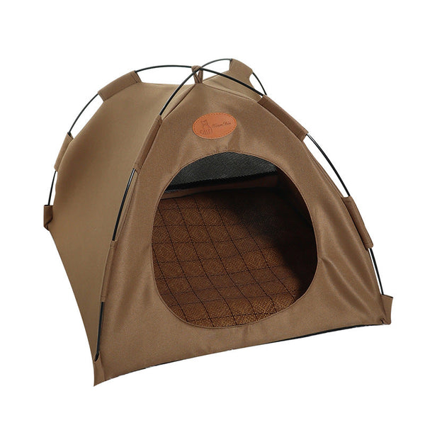Bruine kattenmand tentvormig, draagbaar en comfortabel, met gewatteerde binnenkant. Ideaal voor huisdieren, kattenbed, huisdieraccessoires.