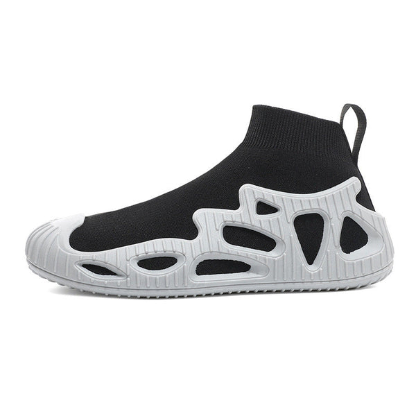 Zwarte sok sneaker met grijze, geventileerde zool, modern design, unisex, ademend, lichtgewicht, geschikt voor dagelijks gebruik en sportactiviteiten.