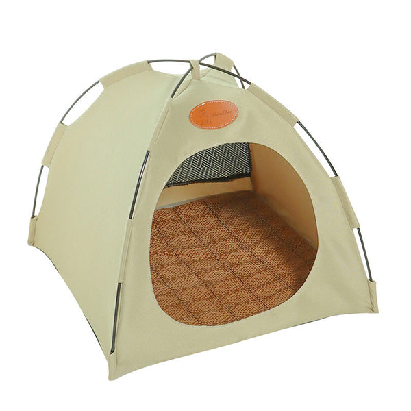 Beige huisdierentent met gaasvenster en rieten bodem, ideaal voor katten en kleine honden. Draagbare en ademende huisdierenschuilplaats.