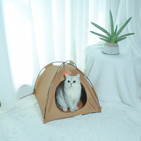 Grijze kat in bruin kattententhuisje op witte vloer, naast groene plant. Perfect voor huisdieren, kattenbed, huisdieraccessoires.