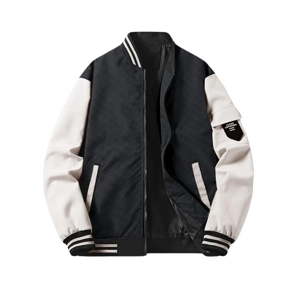 Zwart-witte heren bomberjack met gestreepte boorden, ritssluiting en zak op de mouw. Stijlvol en trendy herenkleding, perfect voor casual outfits.