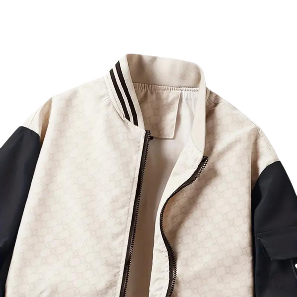Beige en zwarte heren bomberjack met ritssluiting en gestreepte kraag. Stijlvol en modern ontwerp, ideaal voor casual en trendy outfits.