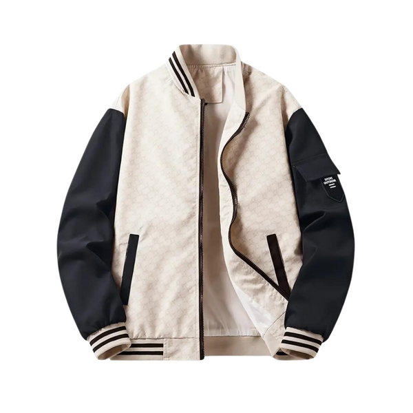 Beige en zwarte heren bomberjack met ritssluiting, gestreepte boorden en zak op de mouw. Stijlvolle jas voor casual en modieuze looks.
