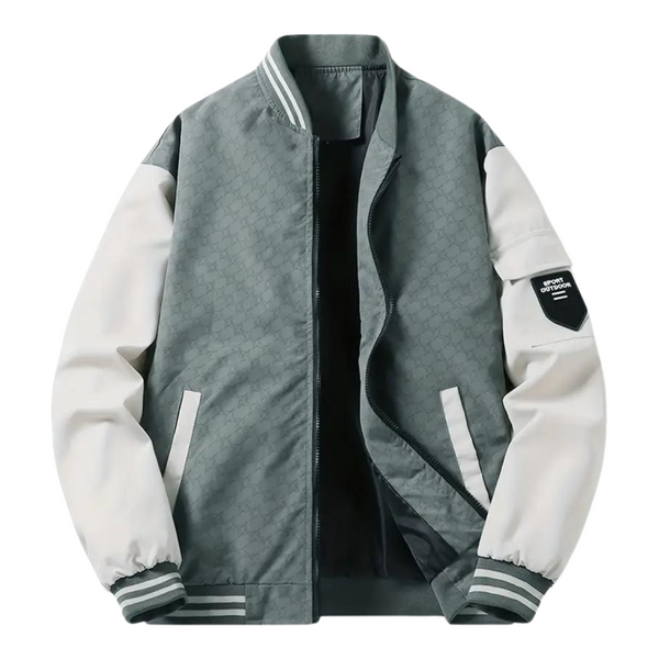 Grijze en witte heren bomberjack met gestreepte kraag en mouwboorden, zak op de mouw. Stijlvolle herenkleding, trendy jas, casual mode.