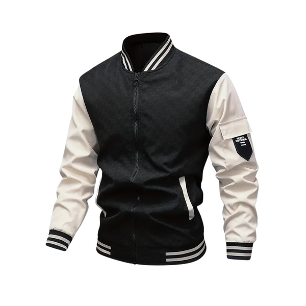Zwart-witte heren bomberjack met ritssluiting, gestreepte boorden en zak op de mouw. Stijlvolle jas voor casual en sportieve outfits.