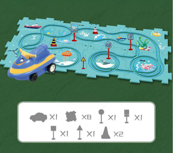 Speelgoed oceaan speelmat met 15-delige set, inclusief blauw voertuig en verkeersborden. Educatief en interactief voor kinderen.