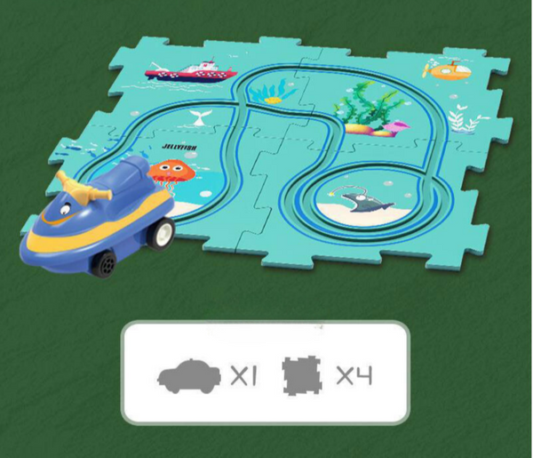 Speelgoed onderzeeër op oceaanpuzzelmat met kleurrijke zeedieren en sporen. Educatief speelgoed voor kinderen, ideaal voor fantasierijk spel.