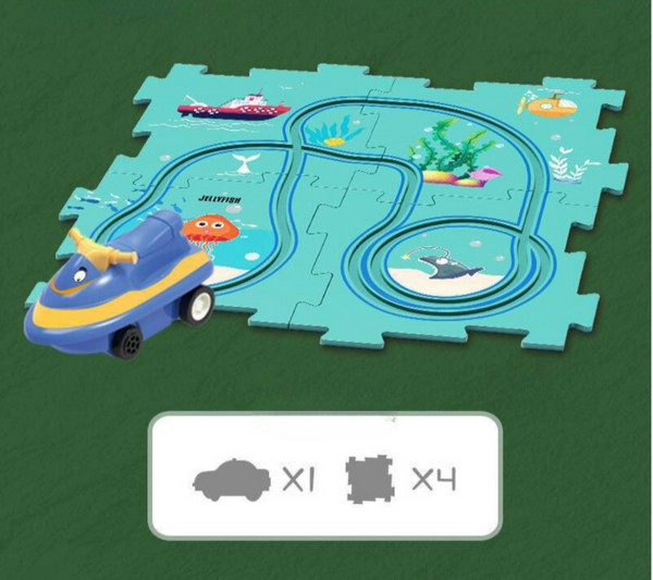 Speelgoed onderzeeër op oceaanpuzzelmat met kleurrijke zeedieren en koraal, inclusief vier puzzelstukken en een voertuig. Geschikt voor kinderen.