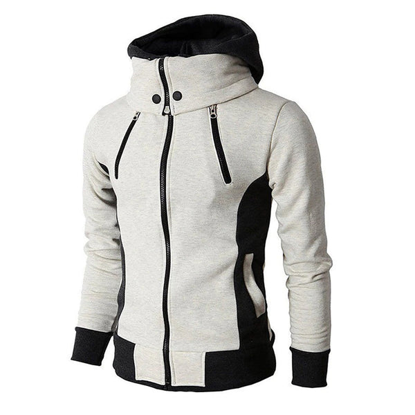 Grijze en zwarte hoodie met ritssluiting en capuchon, unisex design, comfortabele pasvorm, trendy streetwear, ideaal voor casual outfits.