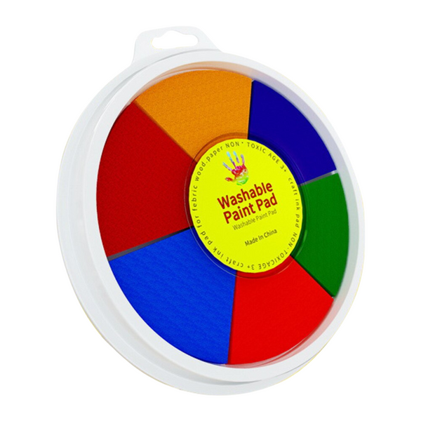 Ronde wasbare verfstempel met zes kleurrijke segmenten: rood, oranje, geel, groen, blauw en paars. Ideaal voor kinderkunst en creatieve projecten.