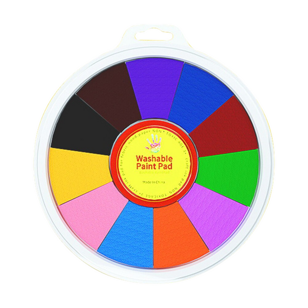 Ronde wasbare verfstempelset met twaalf kleurrijke segmenten, ideaal voor kinderen. Inclusief populaire kleuren zoals rood, blauw en groen.