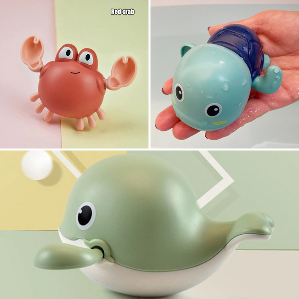 Drie schattige badspeeltjes: rode krab, blauwe schildpad en groene walvis. Perfect voor kinderen, waterpret, badtijd speelgoed.