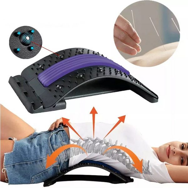 Rugstrekker met acupressuur, verstelbaar, pijnverlichting, ergonomisch ontwerp, geschikt voor thuisgebruik, vrouw liggend op apparaat.