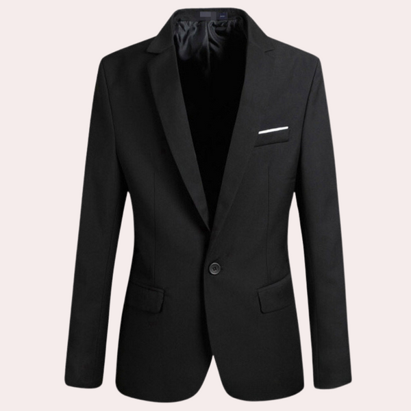 Zwarte casual herenblazer met één knoopsluiting, reverskraag en borstzak. Perfect voor zakelijke en informele gelegenheden. Stijlvolle mannenmode.