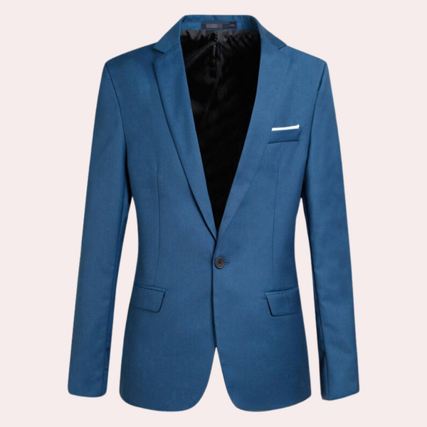 Blauwe casual herenblazer met notch-revers, één knoopsluiting en borstzak. Perfect voor stijlvolle, moderne herenkleding.